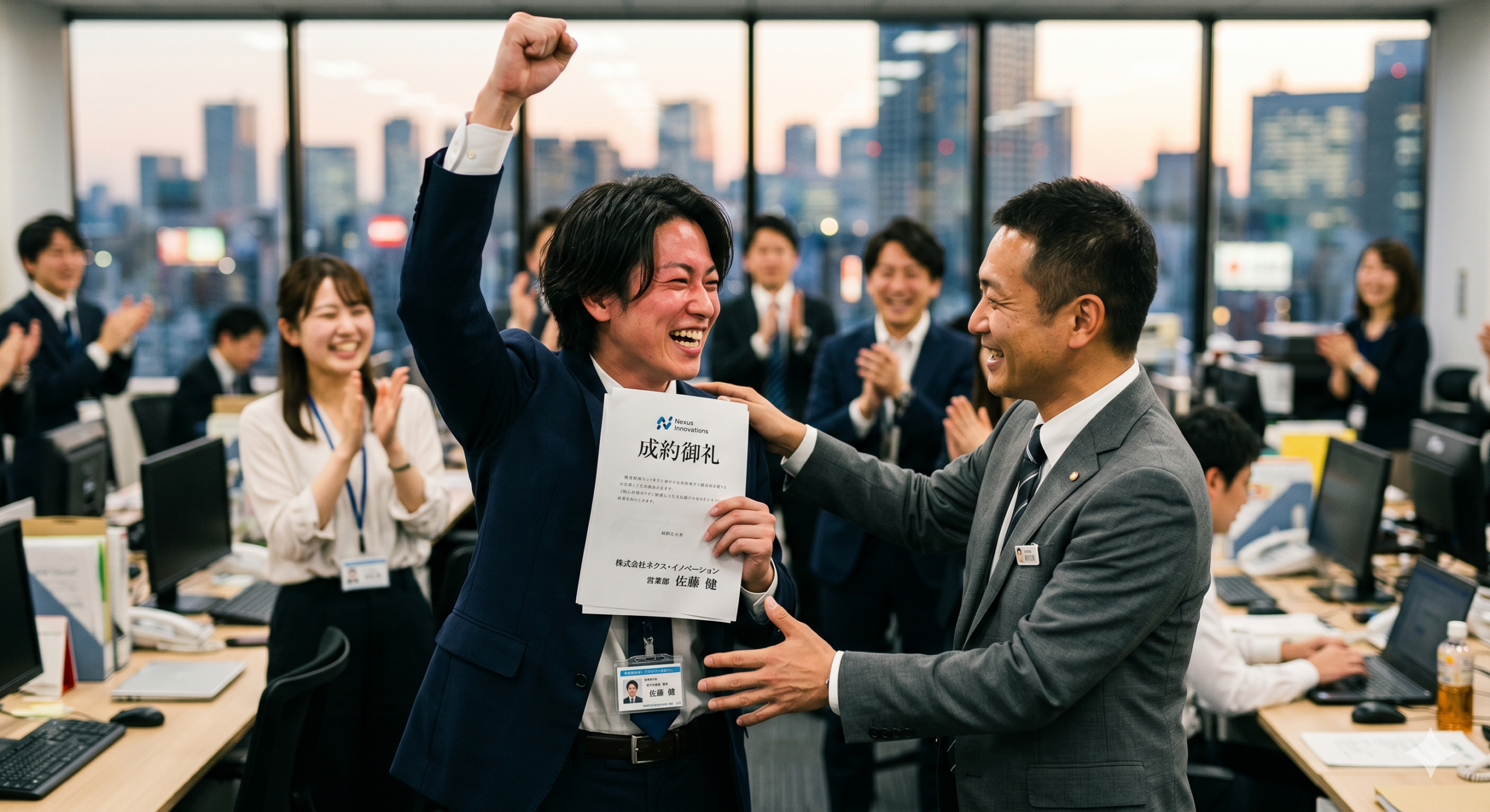 成約を喜びガッツポーズをする日本の営業メンバーとチーム